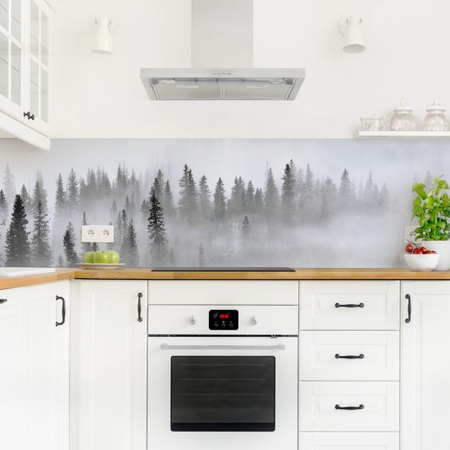 pannelli cucina Nebbia nella foresta di abeti in bianco e nero