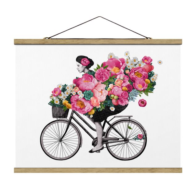 Quadri rosa Illustrazione - Donna in bicicletta - Collage di fiori colorati