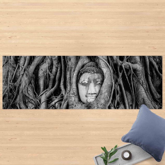 tappeto design moderno Buddha ad Ayutthaya foderato di radici d'albero in bianco e nero
