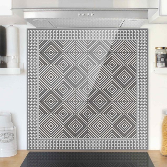 Piastrelle paraschizzi cucina moderna  Piastrelle geometriche Vortice grigio con cornice a mosaico