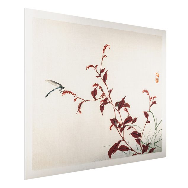 Quadri di fiori Disegno vintage asiatico ramo rosso con libellula