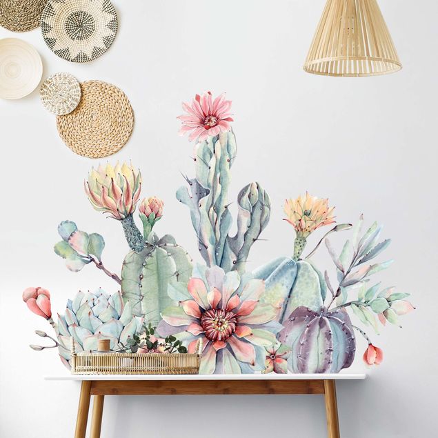 Adesivi murali piante Bouquet di fiori di cactus ad acquerello XXL