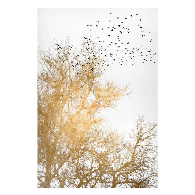 Quadri con alberi Stormo di uccelli davanti all'albero d'oro