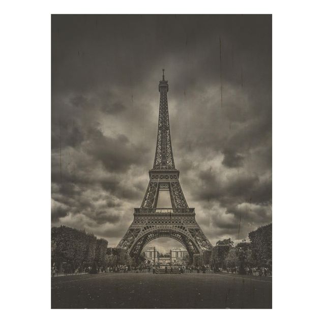 Quadri in legno con architettura e skylines Torre Eiffel davanti alle nuvole in bianco e nero