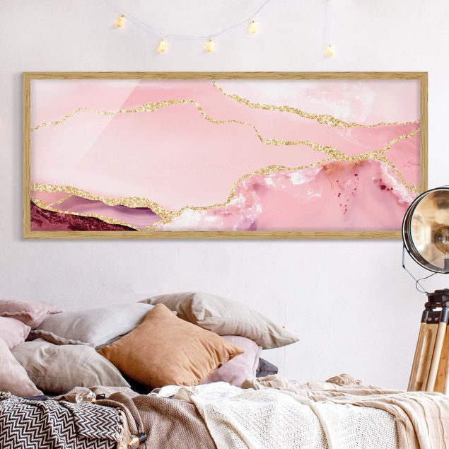 Quadri montagne Montagne rosa astratte con linee d'oro