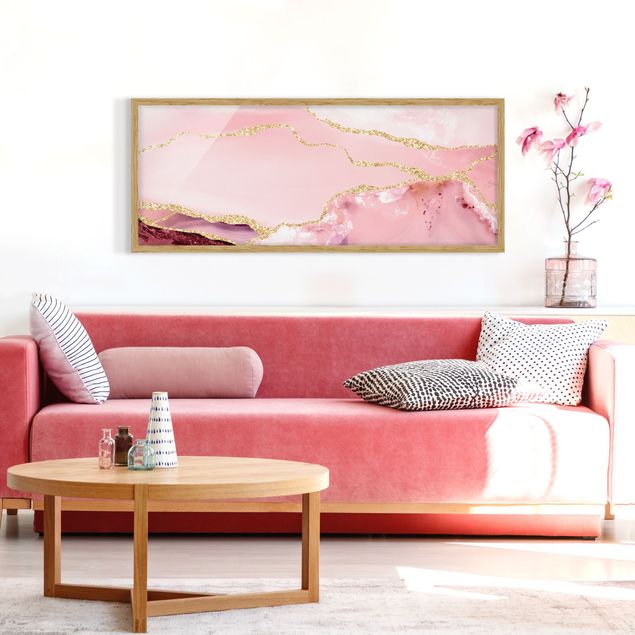 Quadro moderno Montagne rosa astratte con linee d'oro