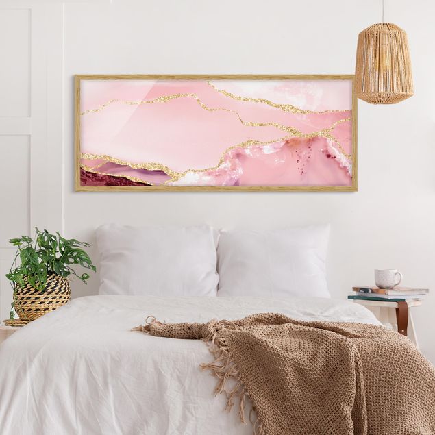 Quadro astratto Montagne rosa astratte con linee d'oro