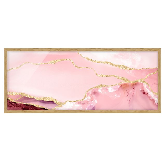 Riproduzioni quadri famosi Montagne rosa astratte con linee d'oro