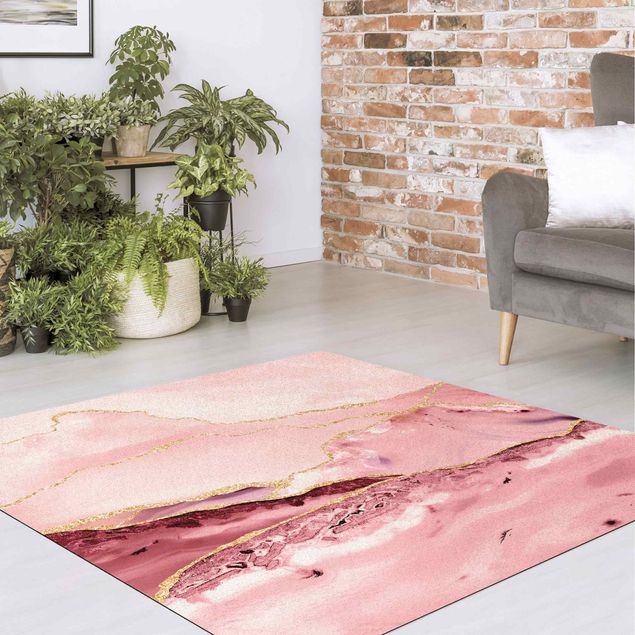 tappeto effetto pietra Montagne rosa astratte con linee d'oro