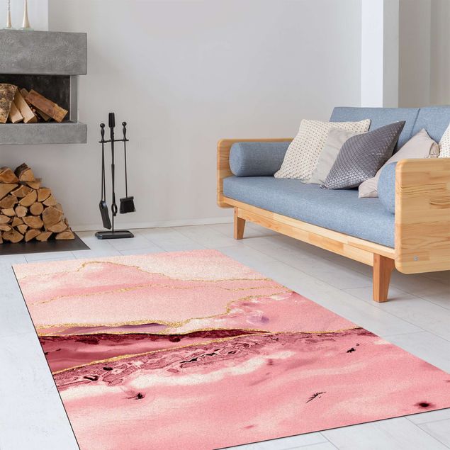 tappeto effetto pietra Montagne rosa astratte con linee d'oro
