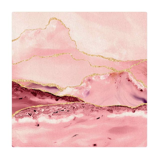 Tappetino di sughero - Montagne rosa astratte con linee d'oro - Quadrato 1:1