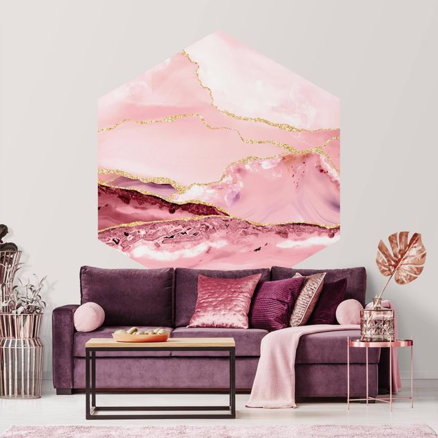 Carta parati effetto marmo Montagne rosa astratte con linee d'oro