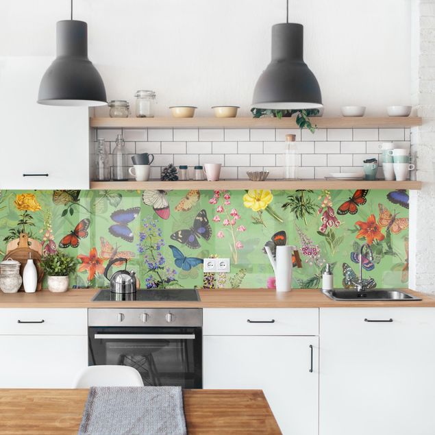 Rivestimenti per cucina con animali Farfalle con fiori su verde