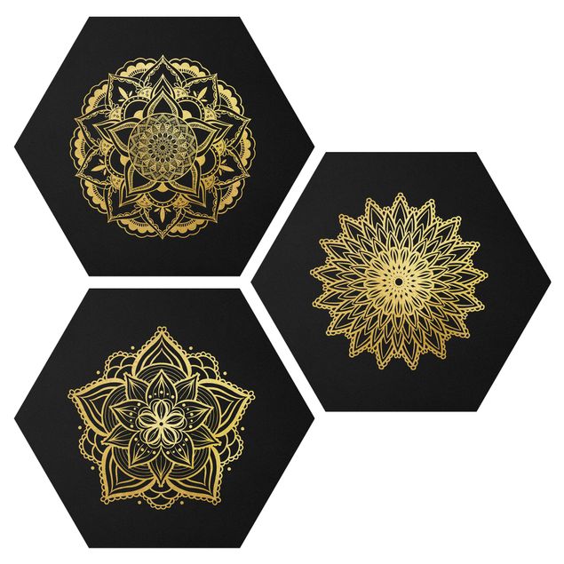 Esagono in Alluminio Dibond - Mandala Fiore Sun Illustrazione set oro nero