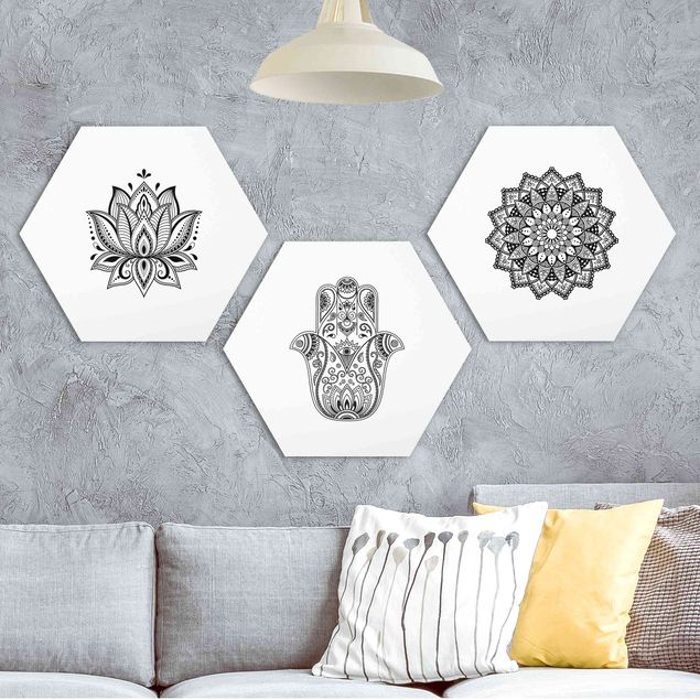 Quadri moderni   Mandala Hamsa mano Lotus Set su bianco