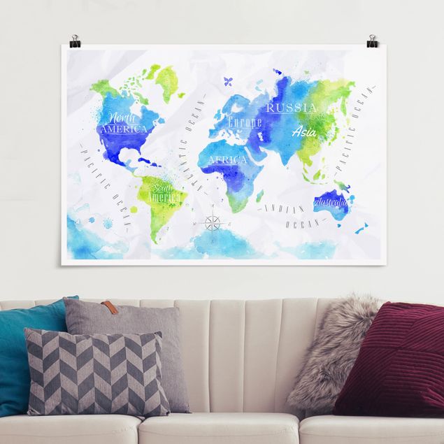 Quadri moderni per arredamento Mappa del mondo Acquerello Blu Verde