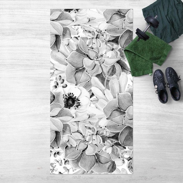 tappeto per terrazzo esterno Succulente acquerello con fiore in bianco e nero