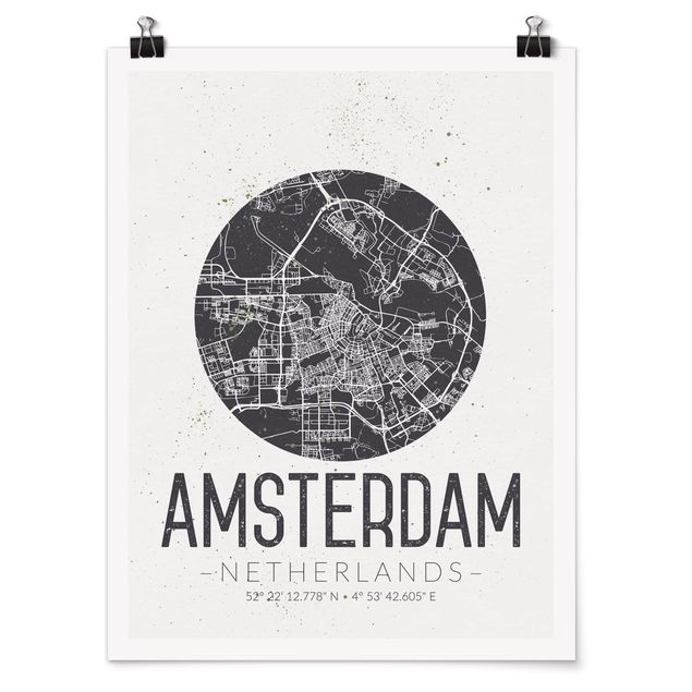 Poster bianco e nero Mappa della città di Amsterdam - Retrò