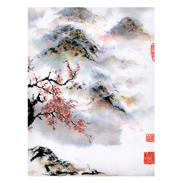 Quadri con alberi Disegno acquerello giapponese Ciliegio e montagne