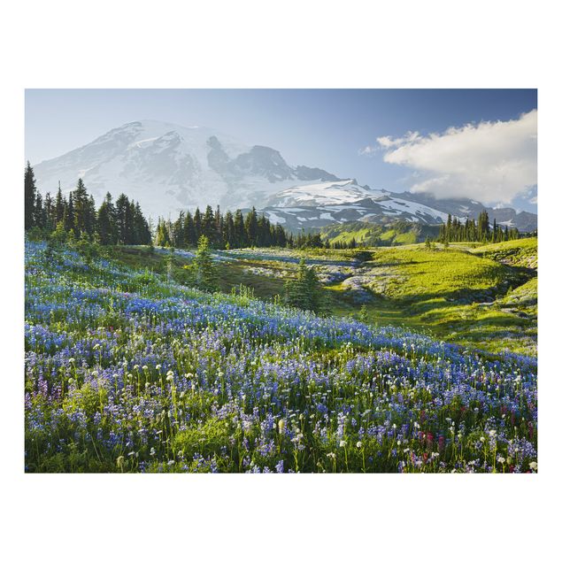 Quadro alberi Prato di montagna con fiori blu davanti al monte Rainier