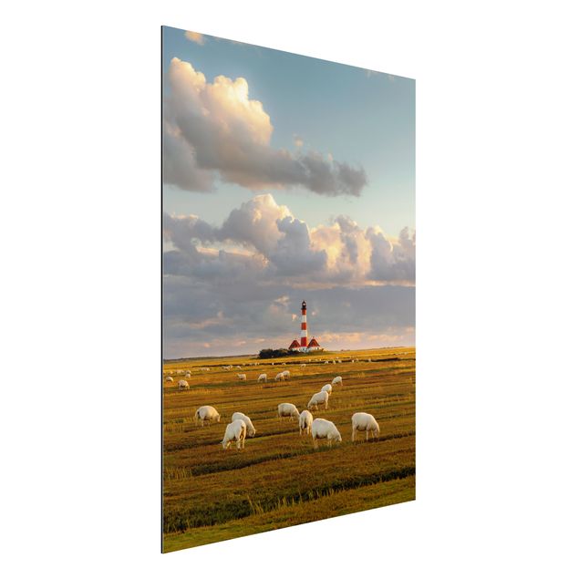 Quadri con paesaggio Faro sul Mare del Nord con gregge di pecore