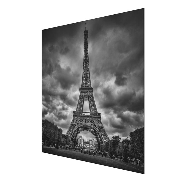 Quadri bianco e nero Torre Eiffel davanti alle nuvole in bianco e nero