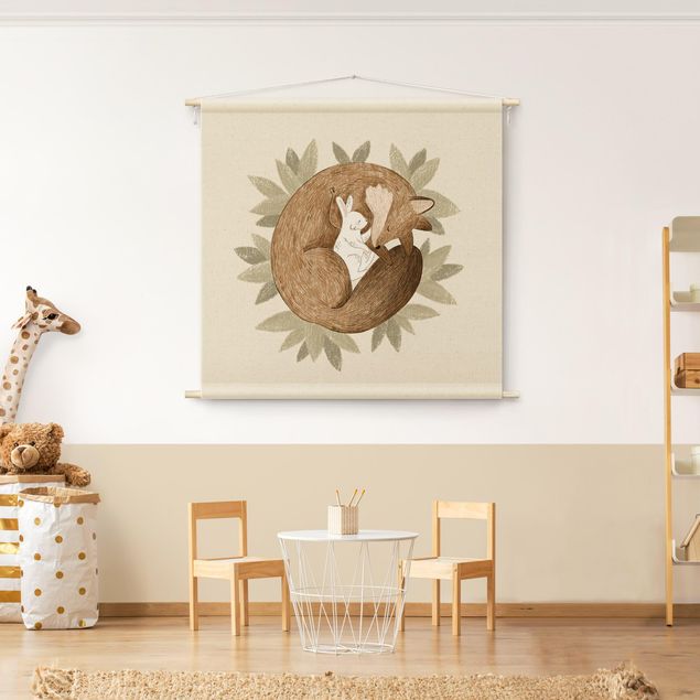 arazzi moderni da parete Anna Lunak - Illustrazione di volpe e lepre
