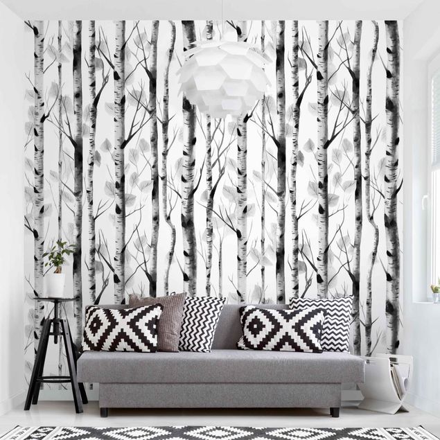 Decorazioni camera neonato Foresta di betulle ad acquerello in bianco e nero
