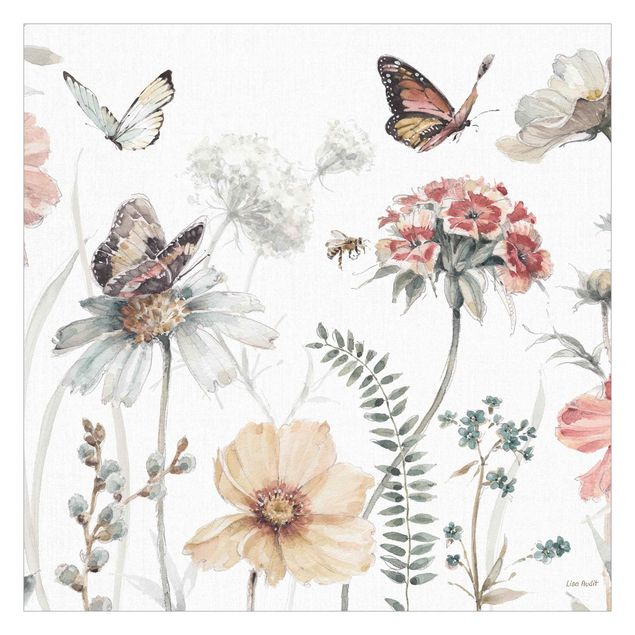 Carte da parati animali Prato fiorito con farfalle acquerello