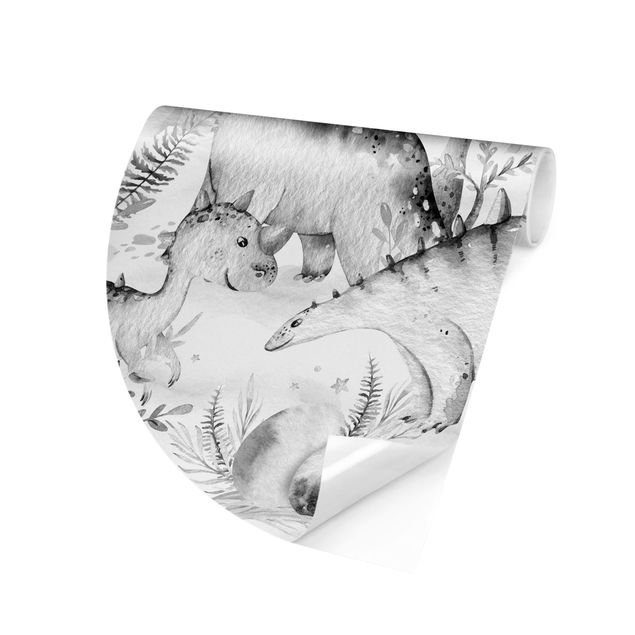 Carta da parati tessuto non tessuto Acquerello - Mondo dei dinosauri in bianco e nero