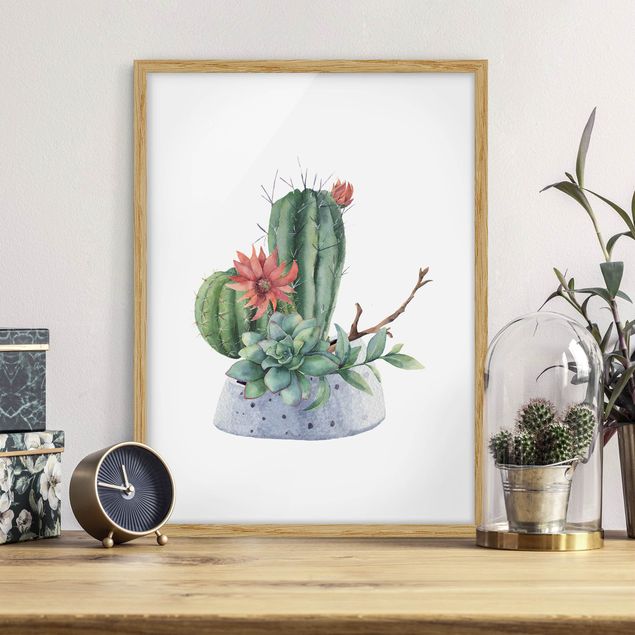 Quadri con cornice con fiori Illustrazione di cactus ad acquerello