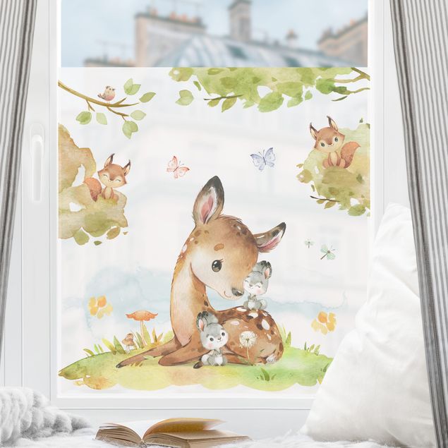 Adesivi per vetri con animali Coniglietto e scoiattolo in acquerello
