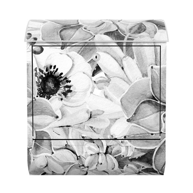 Cassette della posta in bianco e nero Succulente acquerello con fiore in bianco e nero