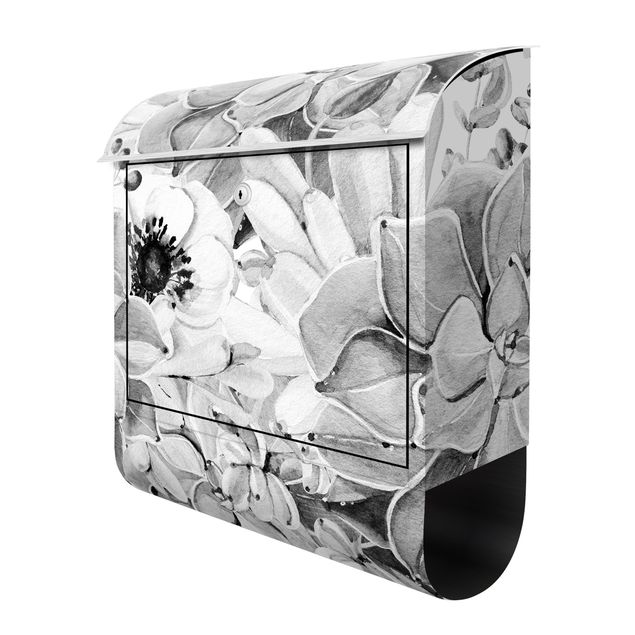 Cassette della posta nere Succulente acquerello con fiore in bianco e nero