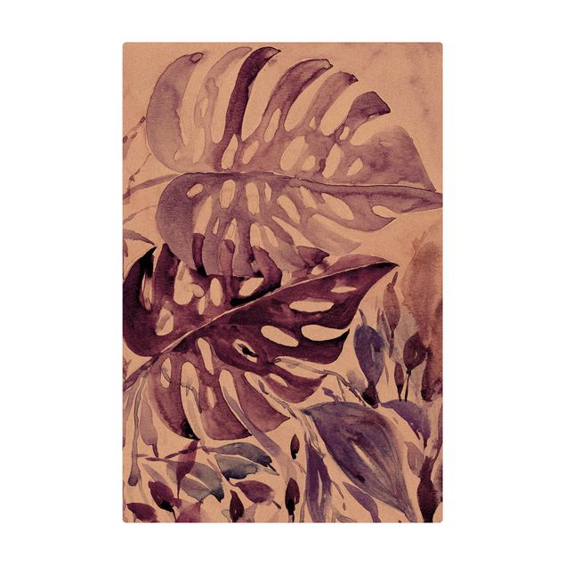 Tappetino di sughero - Acquerello di foglie tropicali con monstera in viola melanzana - Formato verticale 2:3