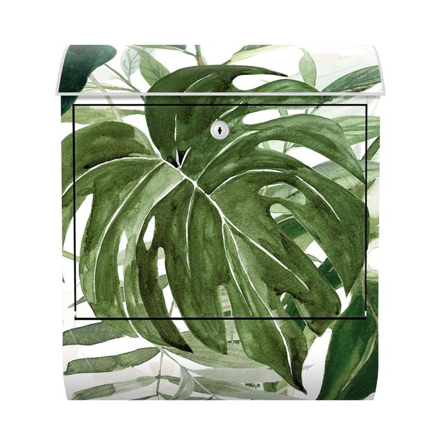 Cassetta postale verde Composizione tropicale ad acquerello con monstera