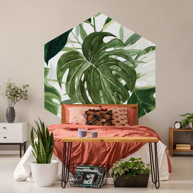 Fotomurale esagonale autoadesivo Composizione tropicale ad acquerello con monstera
