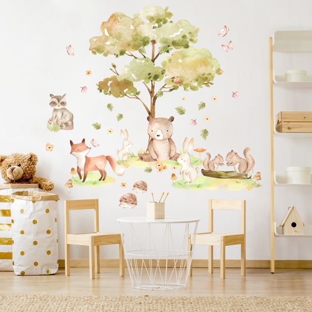 Adesivi murali con animali della foresta Animali della foresta e albero autunnale ad acquerello