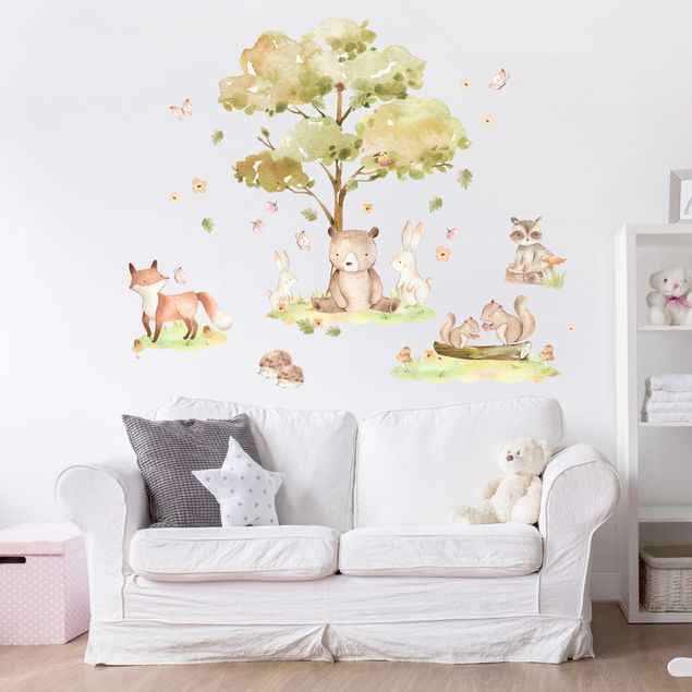 Adesivi murali con orsi Animali della foresta e albero autunnale ad acquerello