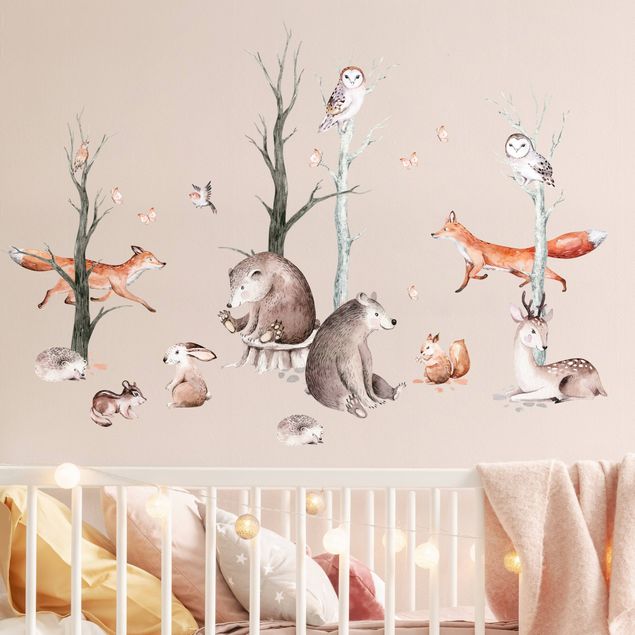 Adesivi murali alberi Amici animali della foresta ad acquerello