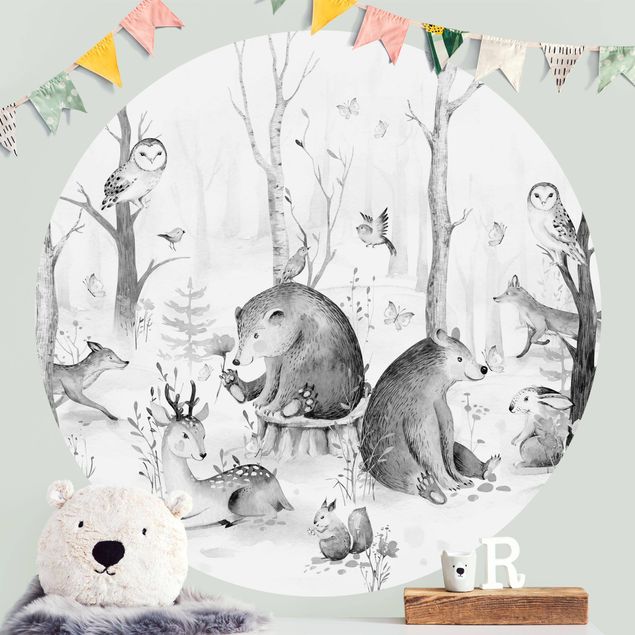 Carte da parati adesive Acquerello - Amici animali della foresta in bianco e nero