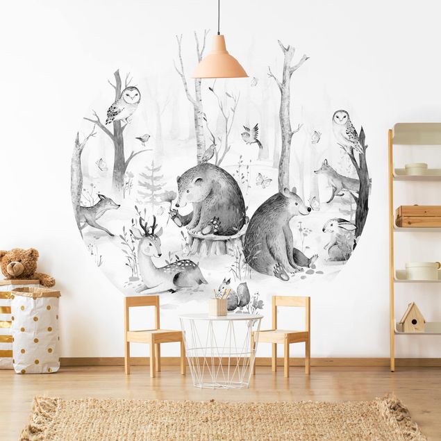 Decorazioni camera neonato Acquerello - Amici animali della foresta in bianco e nero