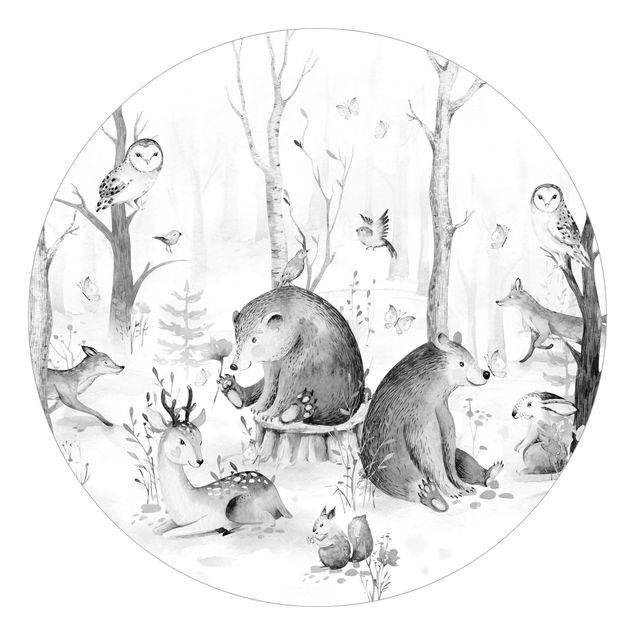 Carta da parati tnt Acquerello - Amici animali della foresta in bianco e nero