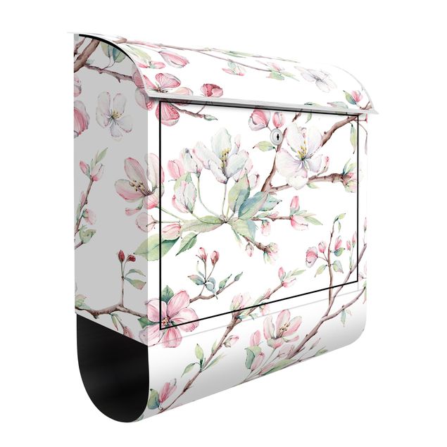 Cassette della posta con fiori Acquerello rami di fiori di melo in rosa chiaro e bianco