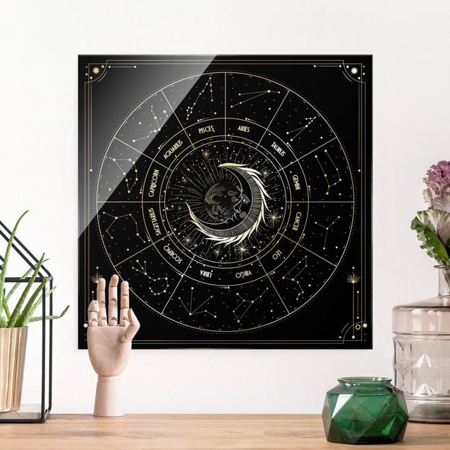 Quadri in vetro spirituali Astrologia Luna e segni zodiacali nero
