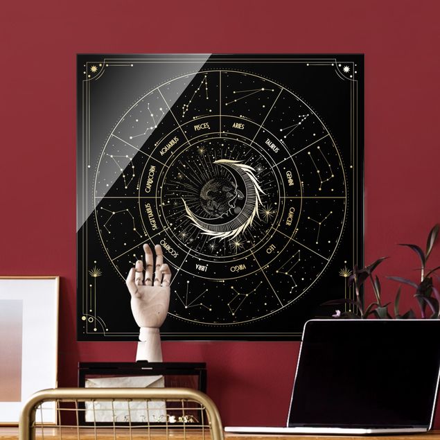 Quadri moderni per arredamento Astrologia Luna e segni zodiacali nero