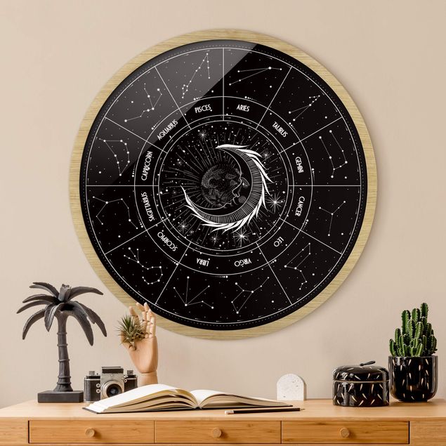 Quadri con cornice con rotonde Astrologia Luna e segni zodiacali nero