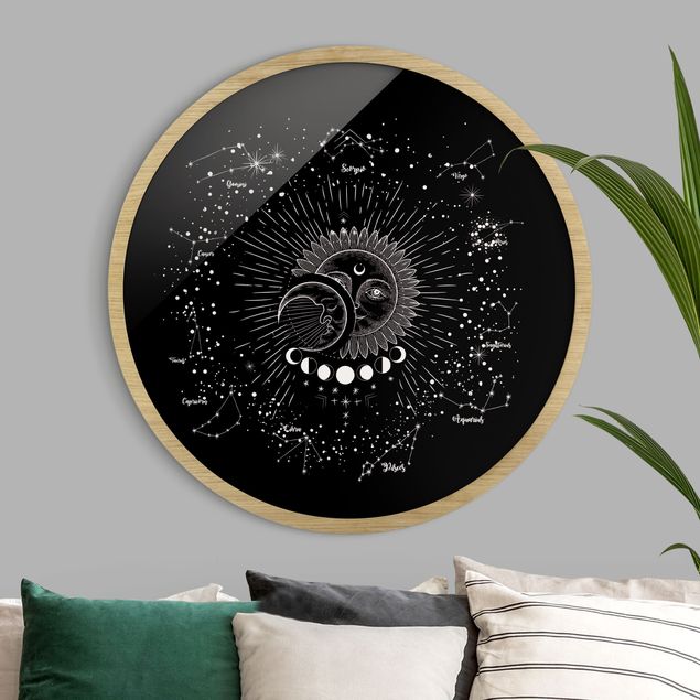 Quadri con cornice con rotonde Astrologia Sole Luna e Stelle Nero
