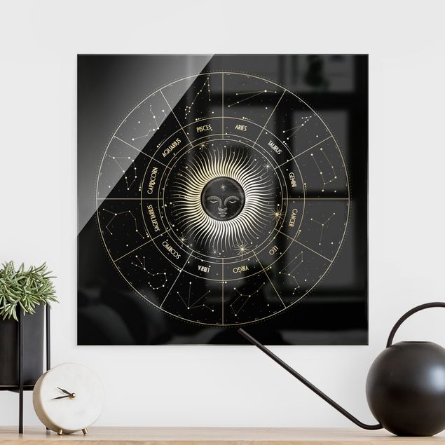 Quadri in vetro spirituali Astrologia Segno zodiacale in un cerchio solare nero