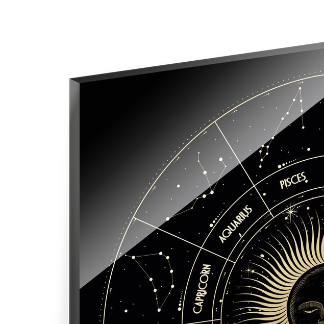 Glas Magnetboard Astrologia Segno zodiacale in un cerchio solare nero